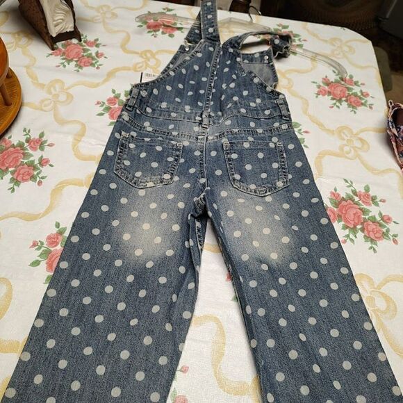 New Osh Kosh Blue Denim White Polka Dot Bib Overalls Girl's 5T - Picture 2 of 3